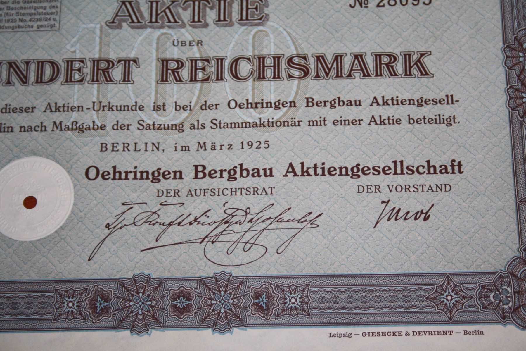Dokumente: Oehringen Bergbau AG 1925 – Gebraucht aus Reinach BL von Runni 1