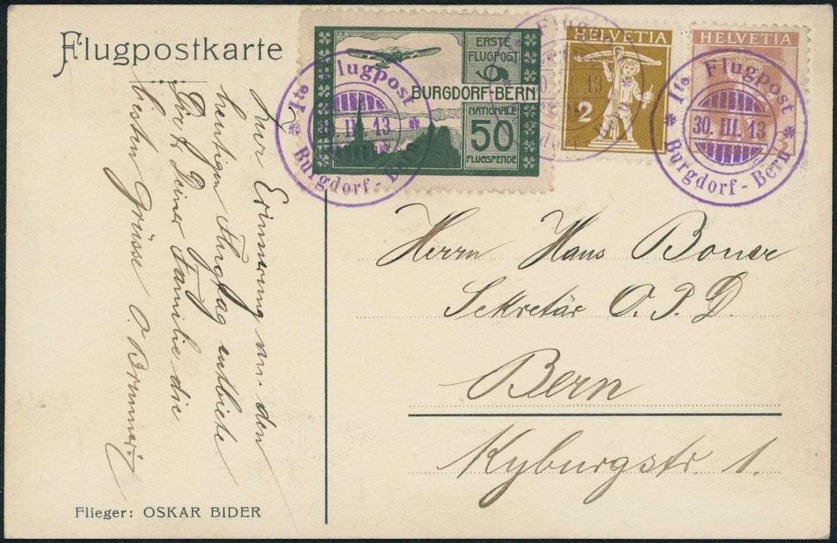 Alle Briefmarken: 1913 - Flugpost - Vorläufer - Burgdorf - Karte – Gebraucht aus Schindellegi von leecollect
