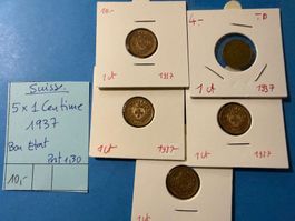 SUISSE : 5 X 1 CENTIME 1937 - Bon état