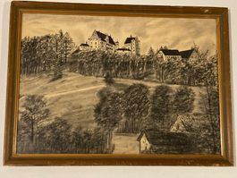 Kohlezeichnung signiert mit mittelalterlichen Gebäuden, Wald