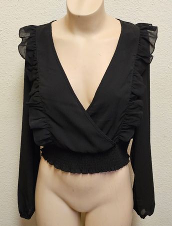 Damen Crop Bluse Schwarz mit Volants – AIKI KEYLOOK – Gr. XL