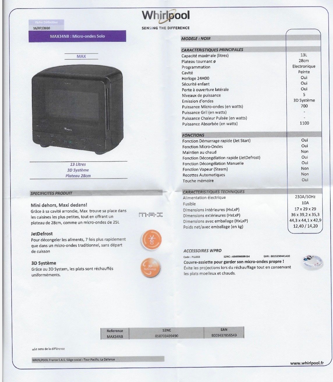 Whirlpool Forni: MAX34NB Micro-ondes Solo Whirlpool – Usato da Lausanne venduto da picola29 6