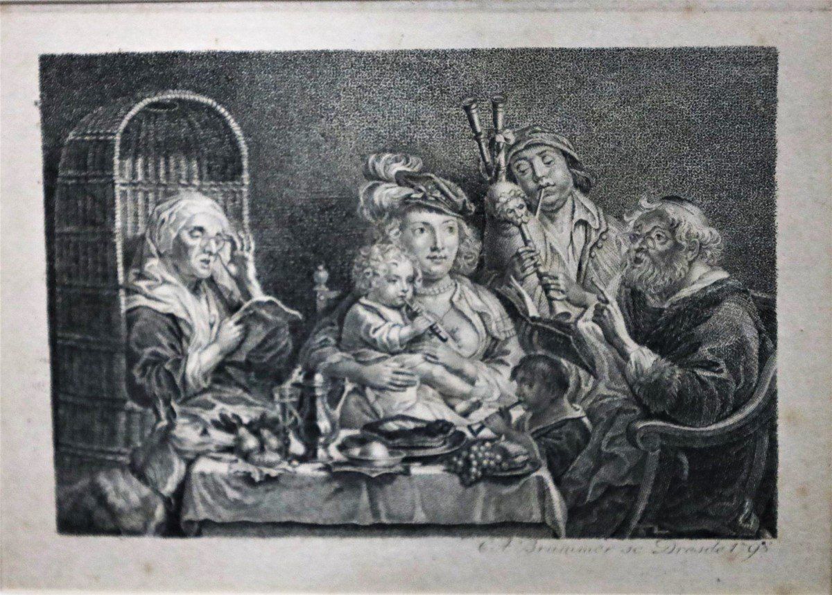 Gemälde: Carl August Brummer, Radierung, "Musizierstunde 1798" – Gebraucht aus Zug von Kunst-Fundgrube 1