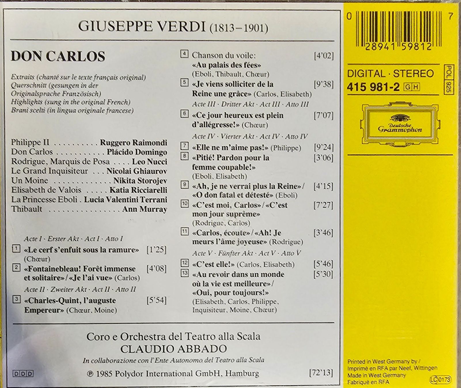 CD: Verdi - Don Carlos – Usato da Wahlen b. Laufen venduto da Cg10 1