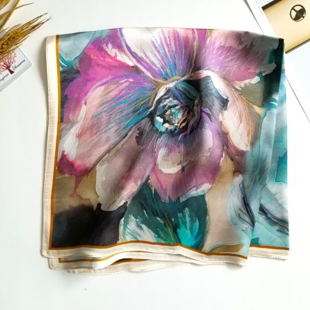 New 53cm Silk Scarf Big Floral Paint Purple Flower