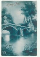 Postkarte Bonne Fête, Bild Brücke und Landschaft  20.03.1924