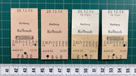 Aarberg - Kallnach, 4 alte Edmondsonsche Bahn Billette, SBB