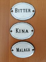 3 kleine, rare, vintage Emailschilder Bitter, Kina & Malaga