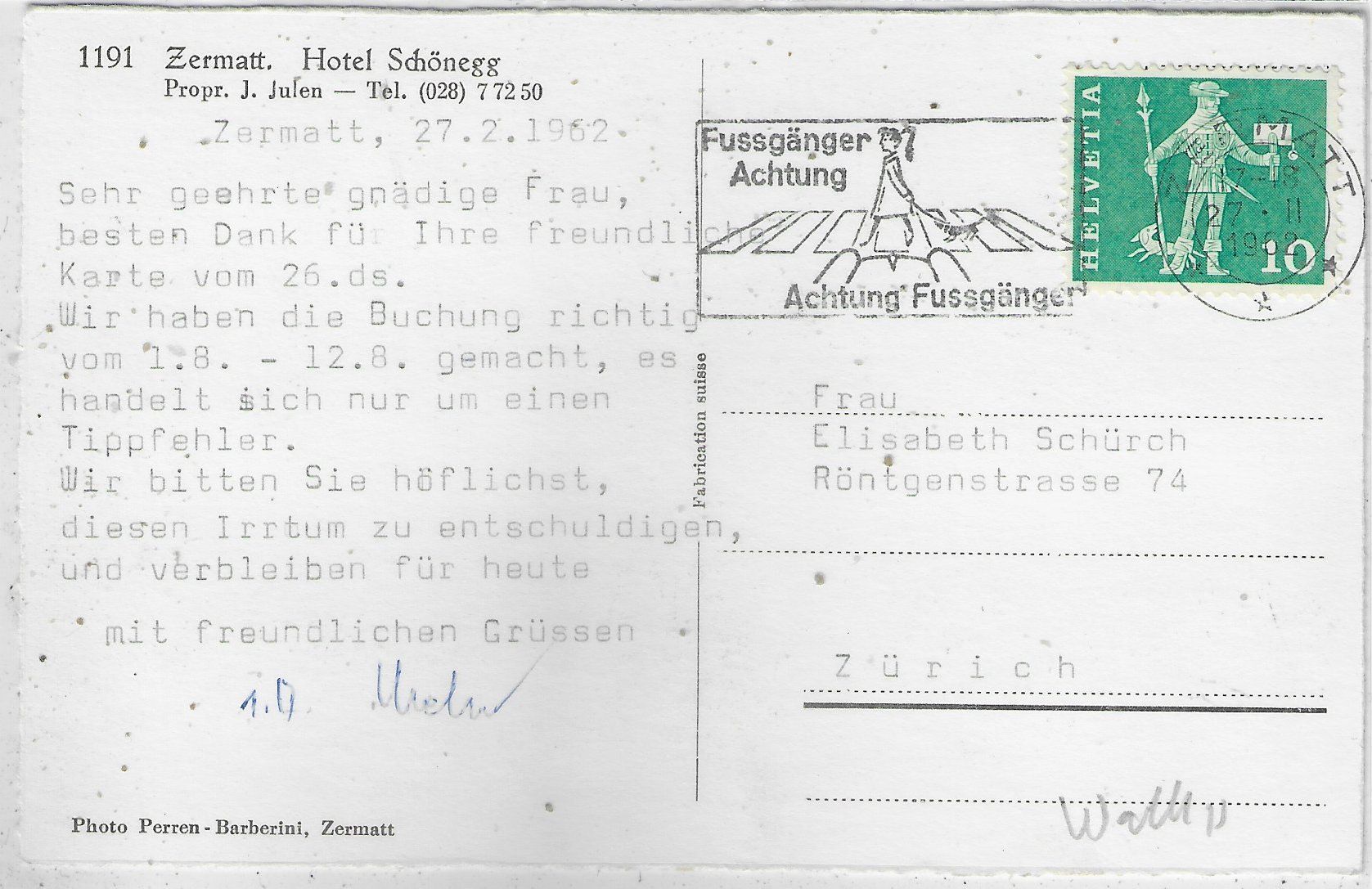 Cartoline postali: Zermatt - Hotel Schönegg im Winter – Usato da Ettingen venduto da Kartenplanet 1