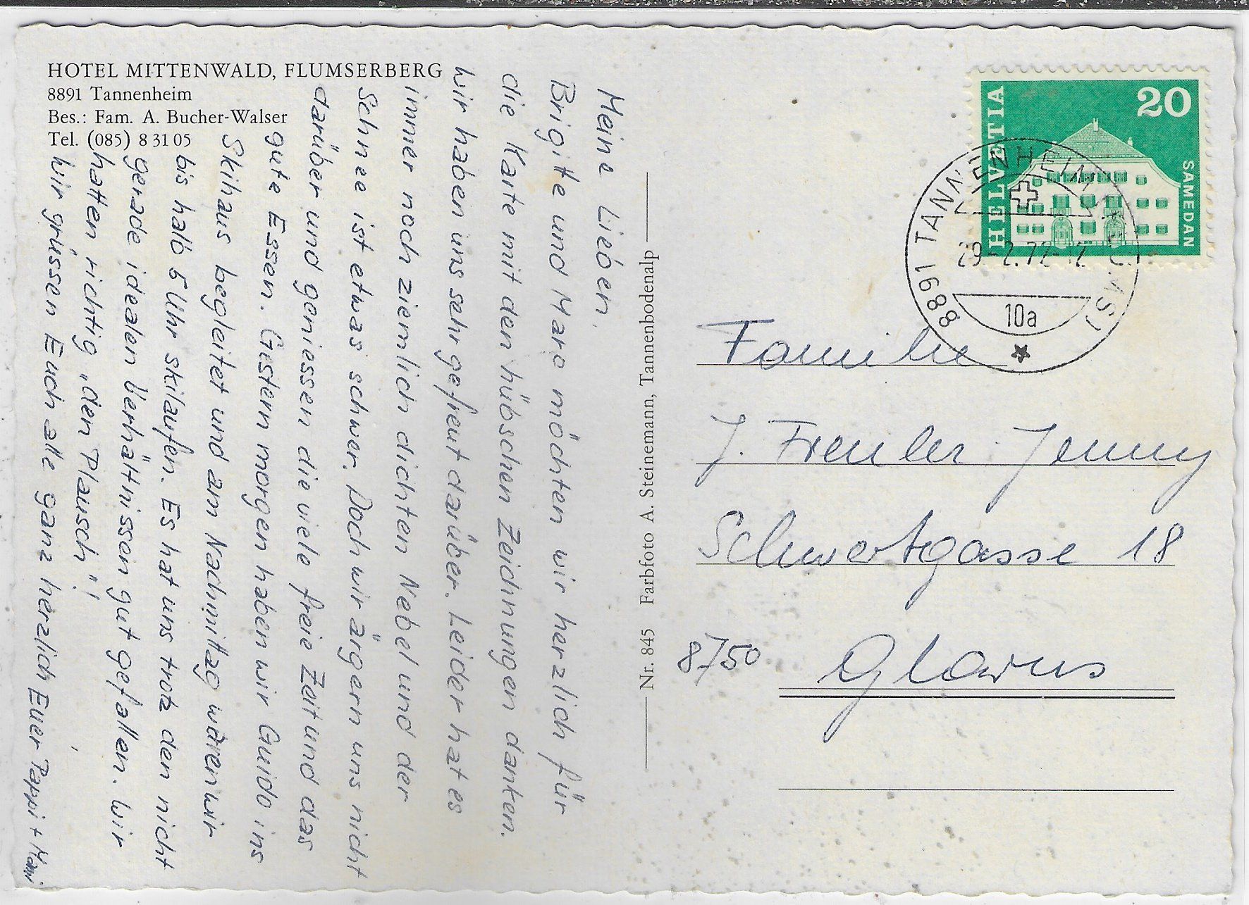 Cartoline postali: Hotel Mittenwald - Flumserberg - Tannenheim – Usato da Ettingen venduto da Kartenplanet 1