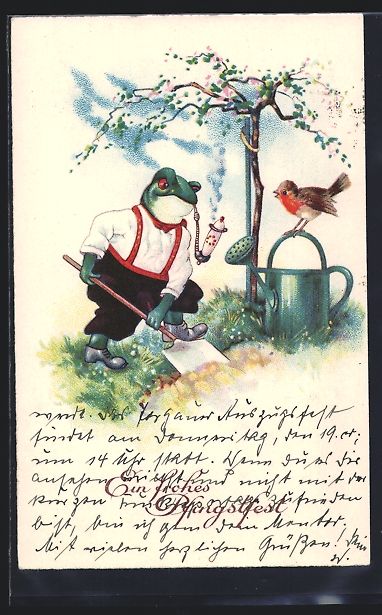 Cartoline postali: Ein Frosch in Kleidung mit einer Pfeife  – Usato da Berlin venduto da bartko-reher