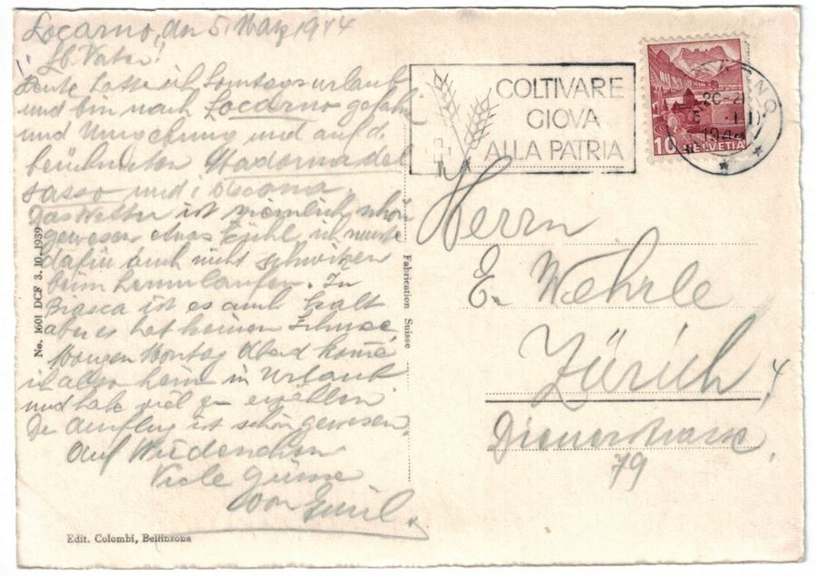 Cartoline postali: Locarno e dintorni da sopra Ascona, circolata 1944 – Usato da Frauenfeld venduto da POML 1