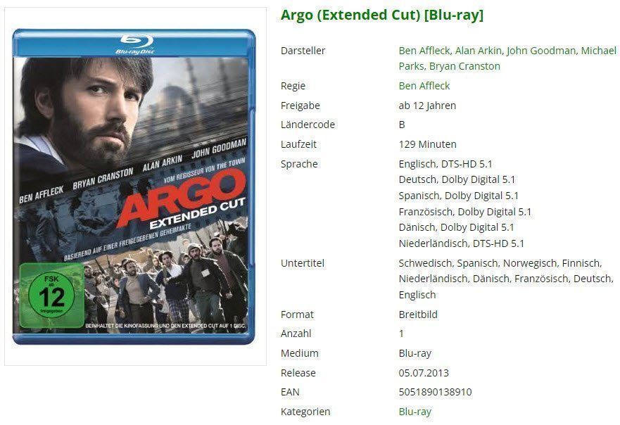 Tutti i DVDs: Argo (Extended Cut) [Blu-ray] – Usato da Emmetten venduto da SVollenweider