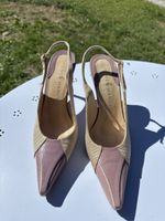 Escarpins René Mancini en toile beige et cuir rose taille 37