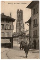 Ansichtskarte Fribourg,  Kathedrale (mit Strassenbahn)