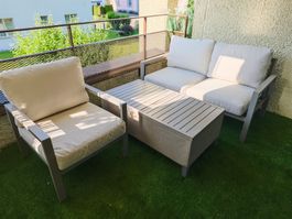 Outdoor Lounge‑Set: Sessel, 2‑Sitzer & Tisch mit Stauraum