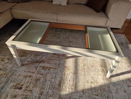Massiver Couchtisch mit Glasplatte & 2 Schubladen 120x60