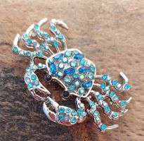 Vintage Brosche Krebs Krabbe mit Strass-Steinen, Silber-Blau