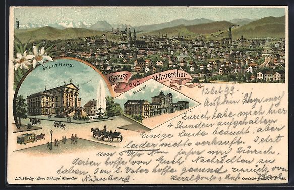 Ansichtskarten: Litho Winterthur, Teilansicht, Stadthaus – Gebraucht aus Berlin von bartko-reher