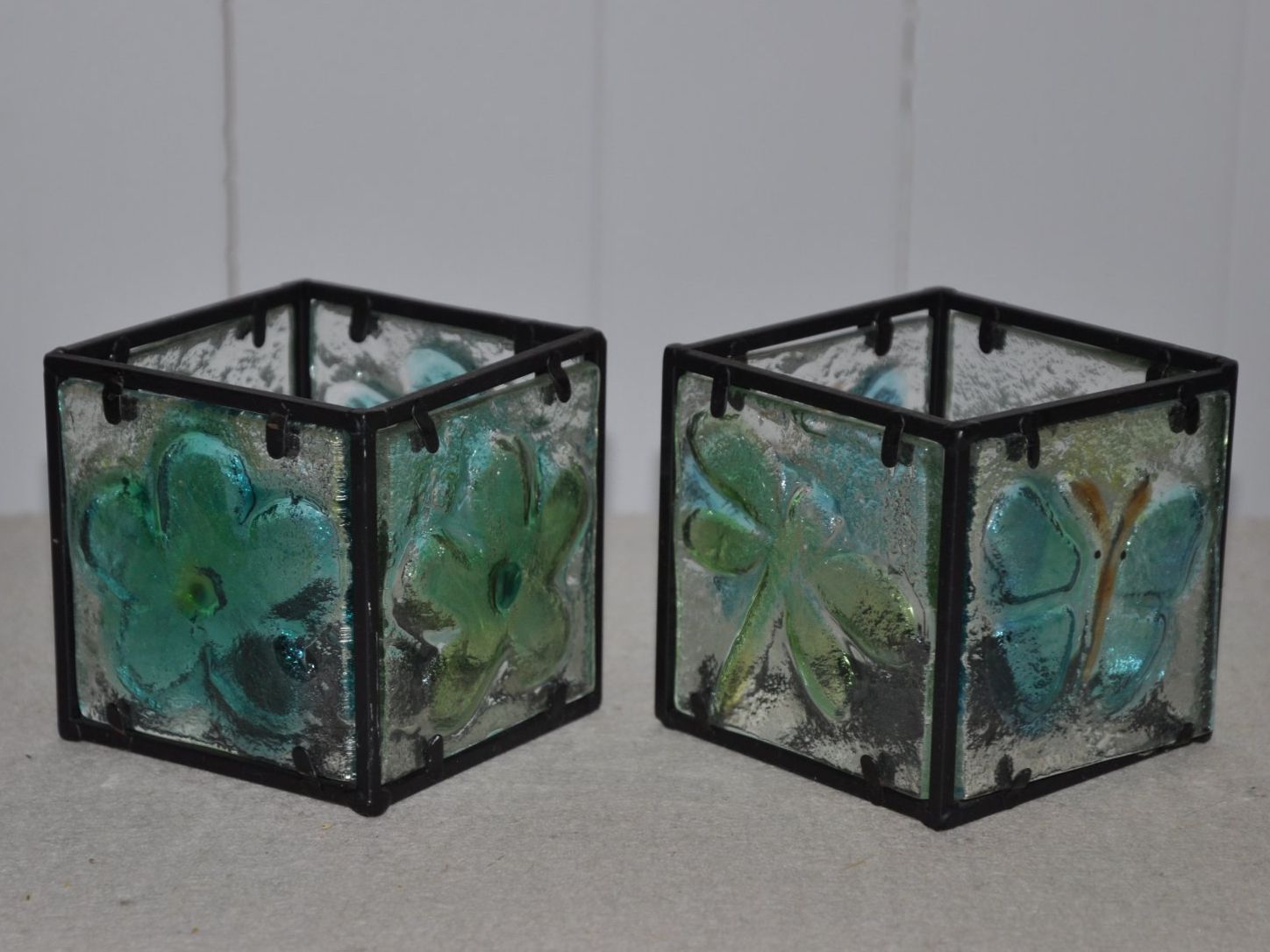 Portacandele: 2 Windlichter Glas + Metall Blumen Schmetterling Libelle – Usato da Boll venduto da Theodora15 1