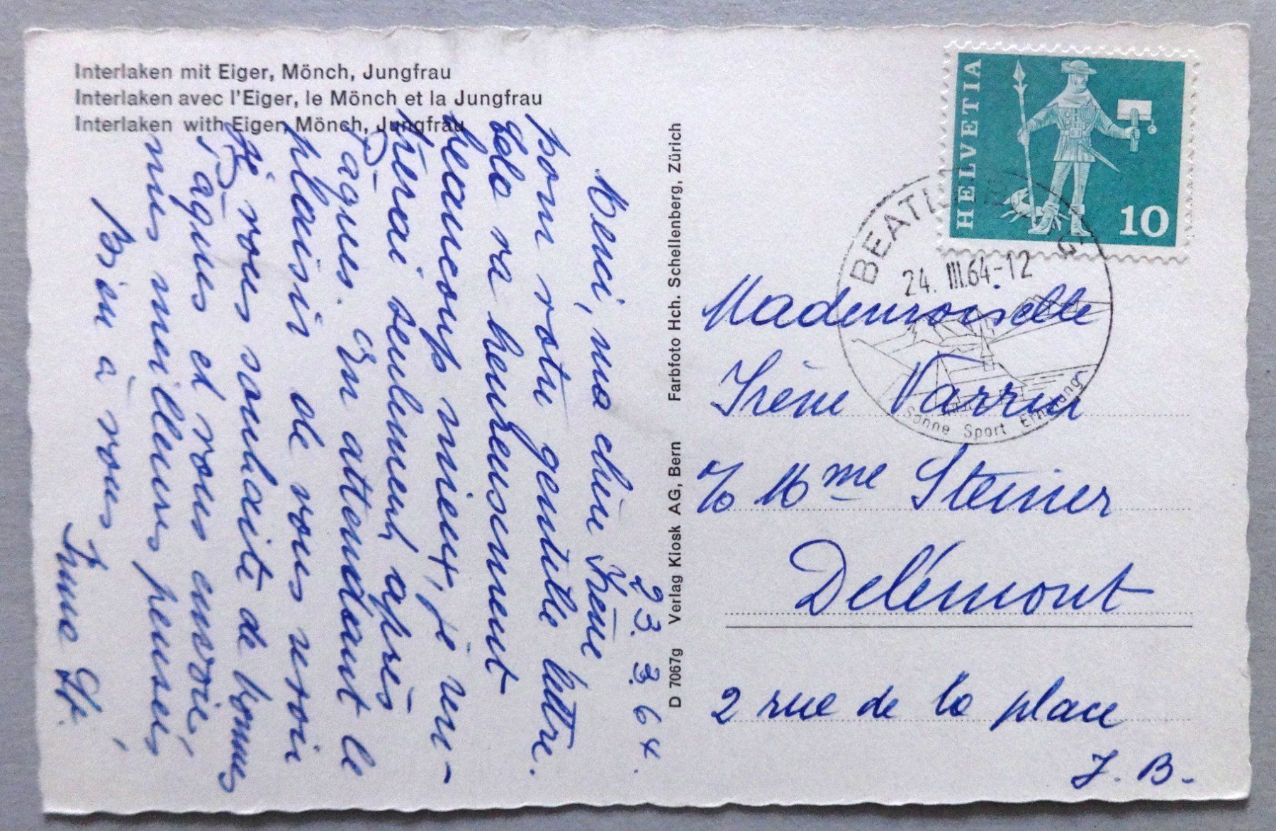 Cartoline postali: Interlaken mit Eiger, Mönch, Jungfrau – Usato da Fétigny venduto da Billy2miny 1