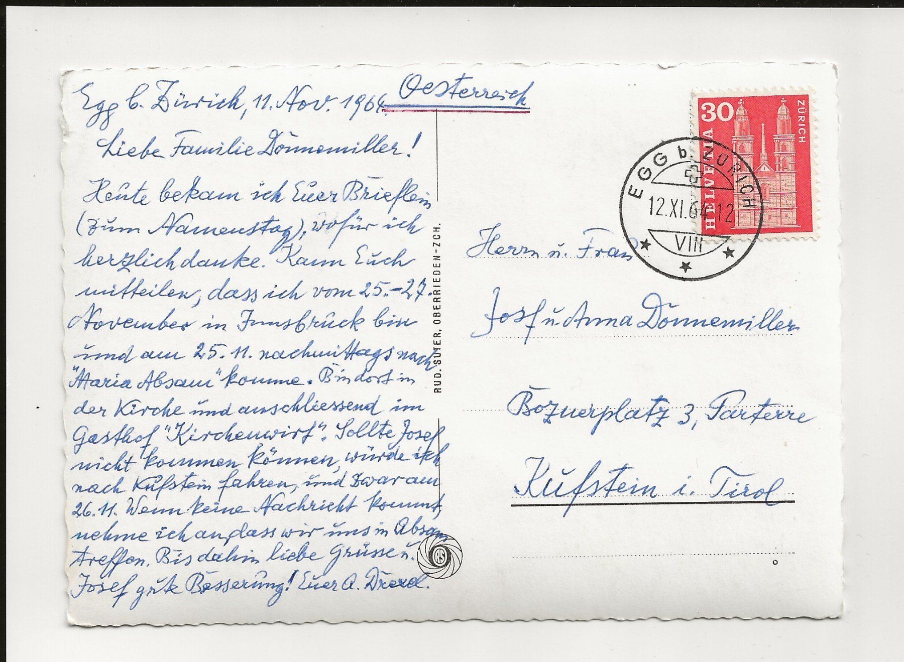 Cartoline postali: AK 1964 Egg (ZH) Wallfahrtskirche St. Antonius – Usato da Greifensee venduto da 315WDO 1
