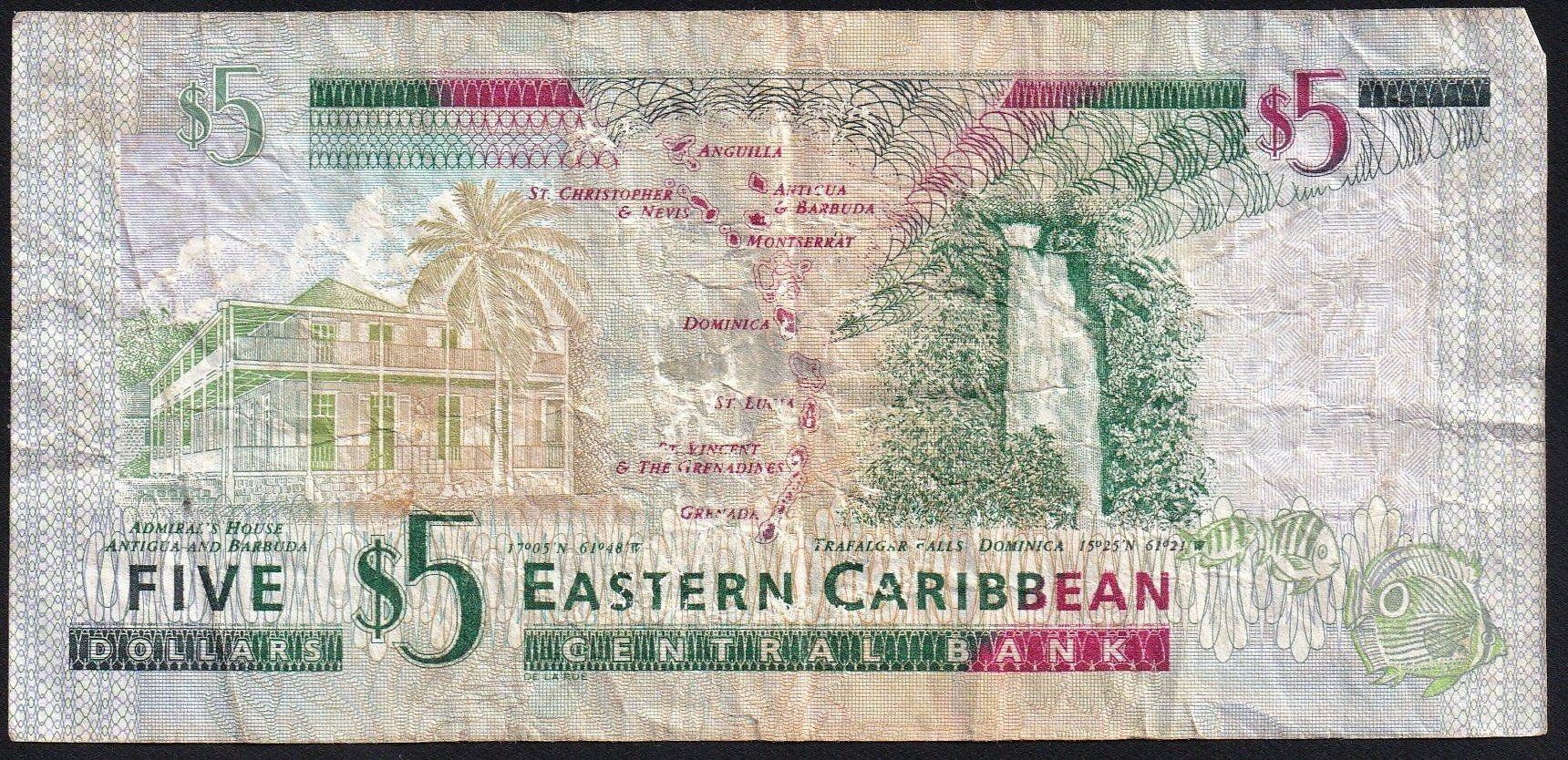 Banconote: Antigua Eastern Caribbean Staates 5 Dollars 2003 – Usato da Brugg AG venduto da banknoten_muesli 1