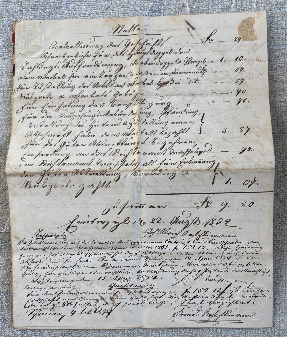 Dokumente: DOKMUMENT 1852 – Gebraucht aus Ostermundigen von wini63 1