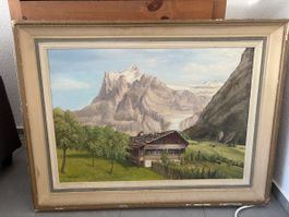 Gemälde Alpenlandschaft mit Haus und Berg, gerahmt