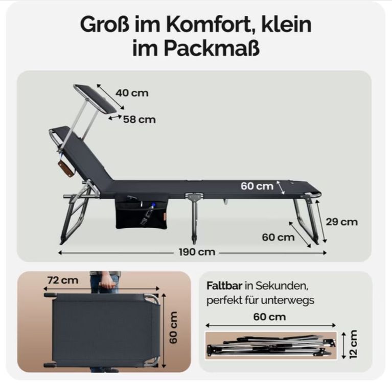 Sedie a sdraio: Gartenliege Ibiza 190x60cm klappbar mit Sonnendach – Nuovo e nell'imballaggio originale da Saxon venduto da Millestorie 3