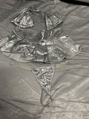 Sexy Dessous Set BH Minirock String Silbrig Gr M NEU