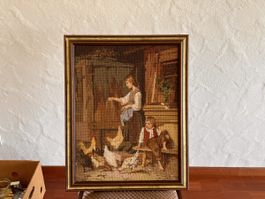 Gobelin Bild ,Kinder mit Hühnern (97)