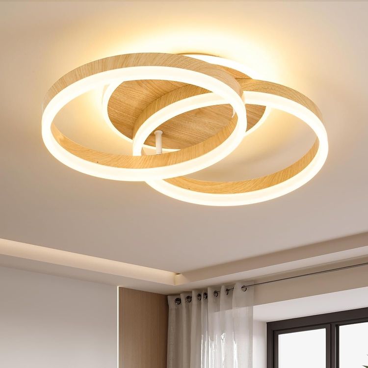 LED Deckenleuchte Taupe Wohnzimmerlampe rund Deckenlampe Schlafzimmerlampe Messing, Stahl Holz, 6W 806lm warmweiß, DxH 42 x 16 cm