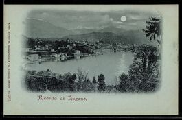 Mondschein-AK Lugano, Panorama mit Bergen