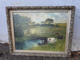 Schönes altes Ölgemälde „Kühe in Landschaft“, anonym