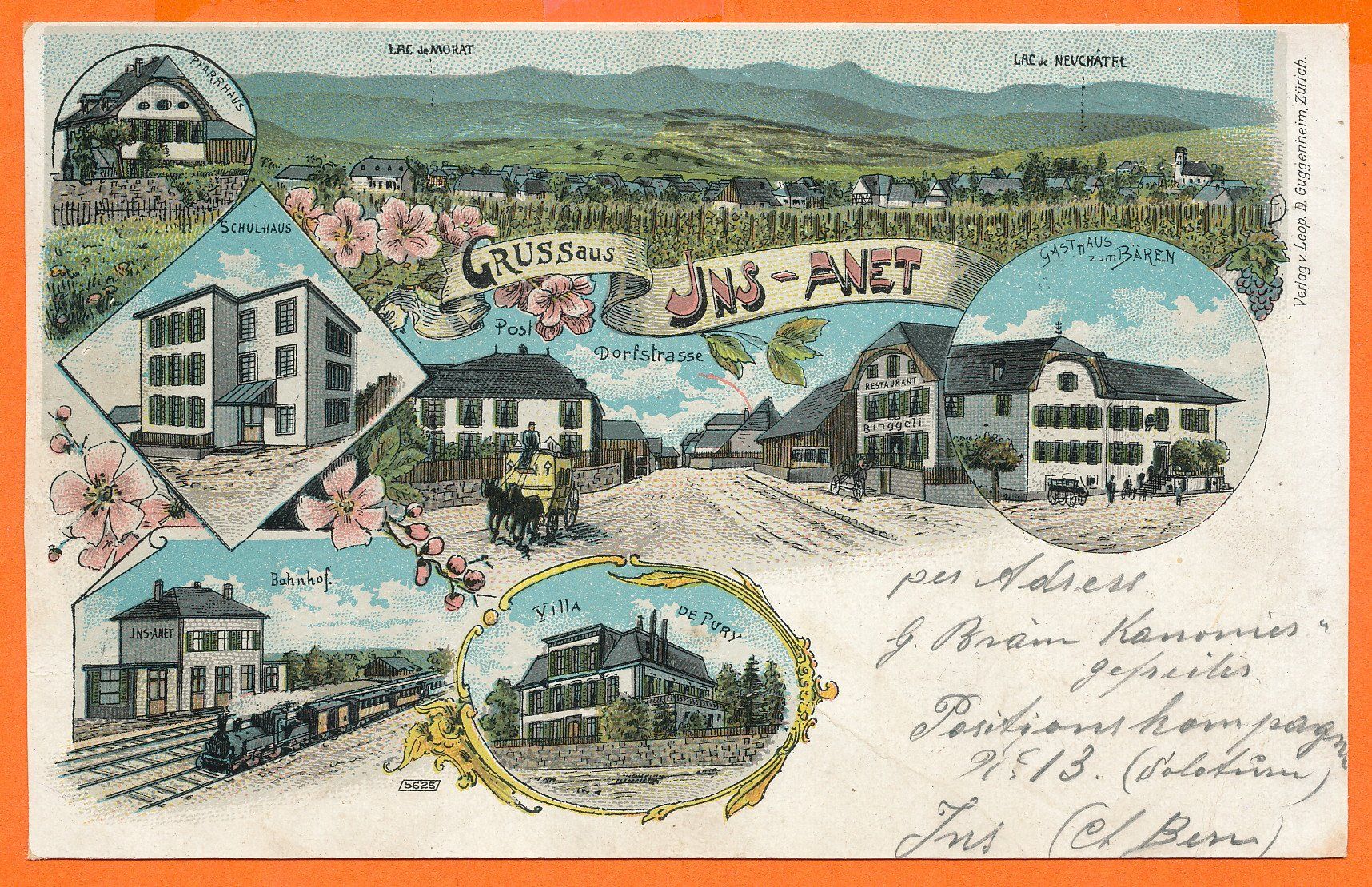 Cartoline postali: Gruss aus JNS - ANET / BE - 7 Bild - Chromolitho 1908 – Usato da Liestal venduto da flohmy