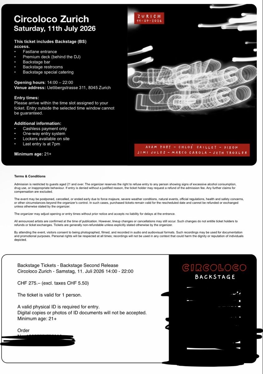 Billets: Circoloco Zurich Backstage 1 Ticket – Neuf avec emballage d'origine à Zürich par Lualex 1