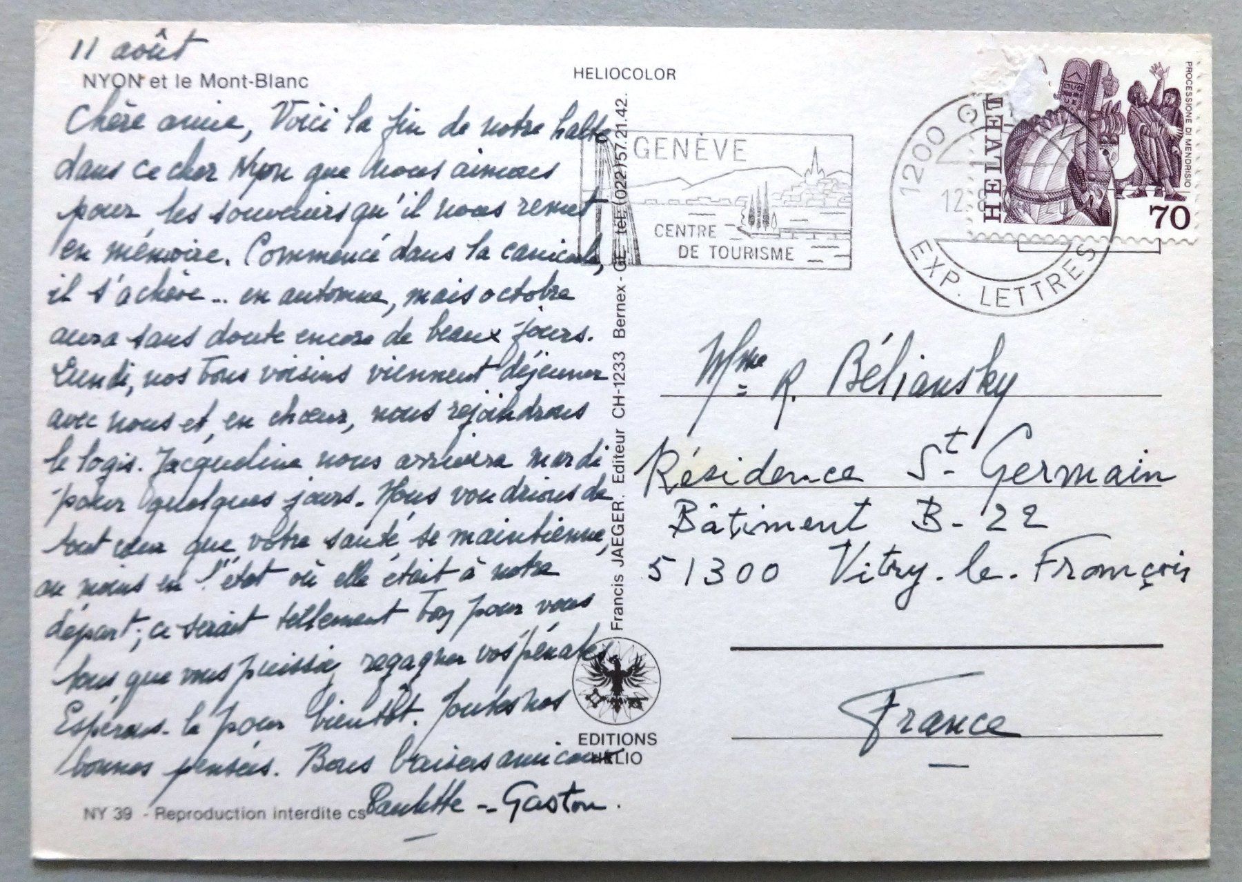 Cartoline postali: Nyon et le Mont-Blanc – Usato da Fétigny venduto da Billy2miny 1