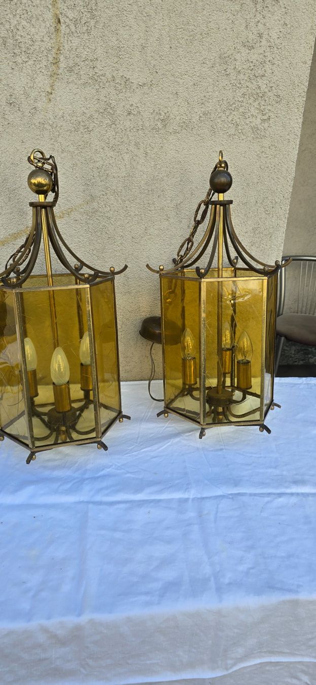 Lampadari & plafoniere: 2 Pendelleuchte, Laterne aus Messing und Glas – Usato da Basel venduto da Jcva