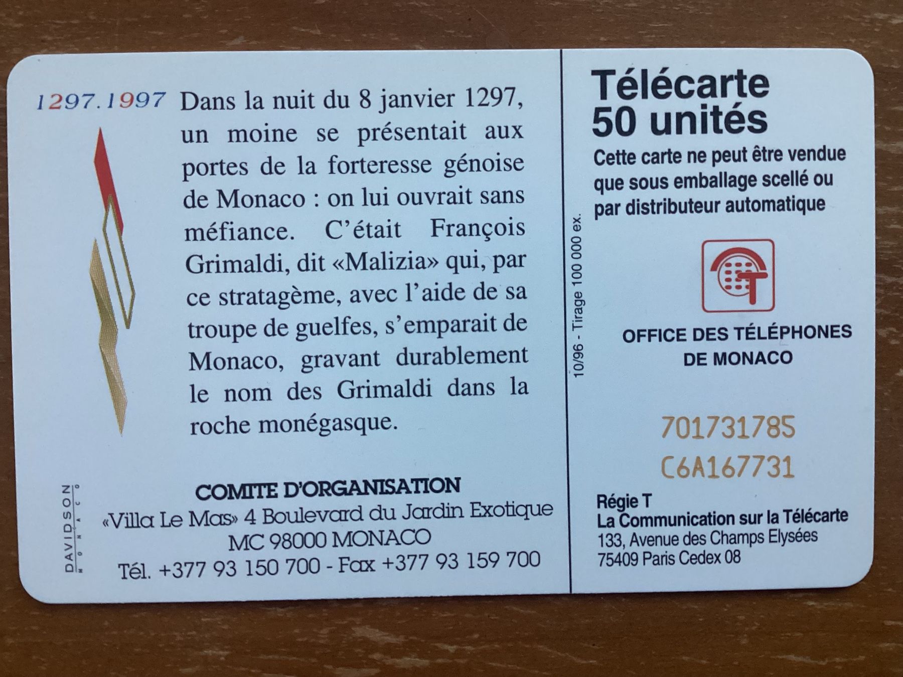 Schede telefoniche: Telefonkarte Monaco.700 ans Grimaldi – Usato da Zürich venduto da tol_b7c7 1