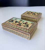 2 persische Khatam-Kari Schatulle Mosaik Miniaturmalerei