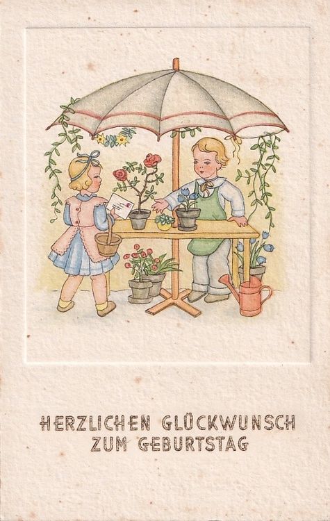 Junge als Gärtner mit Blumen & Mädchen • alte AK Geburtstag Kaufen