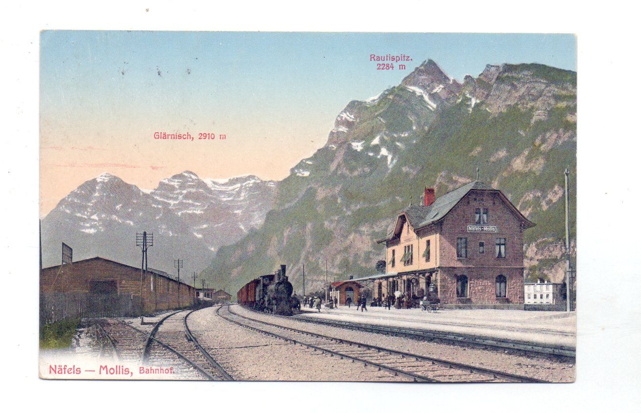 Cartoline postali: Näfels -Mollis mit dem Bahnhof und der Eisenbahn. – Usato da Tagelswangen venduto da Miski