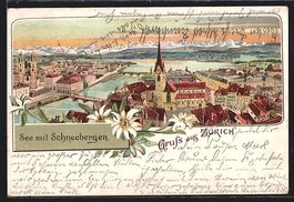 Litho Zürich, Panorama mit See und Schn