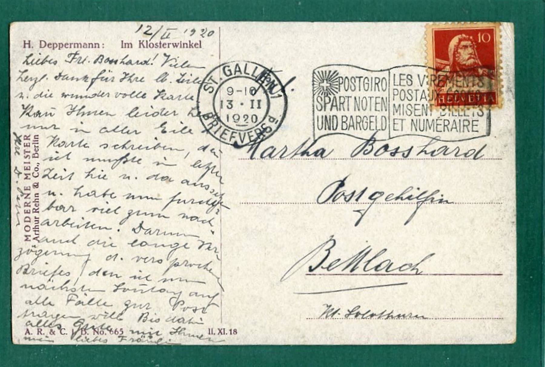 Cartoline postali: Im Klosterwinkel   H. Deppermann, 1920, gelaufen – Usato da Sargans venduto da Hausi1951 1