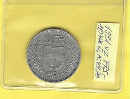 10***Fr.5.-1931+O-Patina u.E.Qualitätvz/Ag 0.835/15gr=12,525