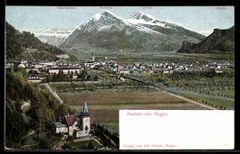 AK Ragaz, Gesamtansicht mit Churfirsten, Gonzen, Alvier, Sän