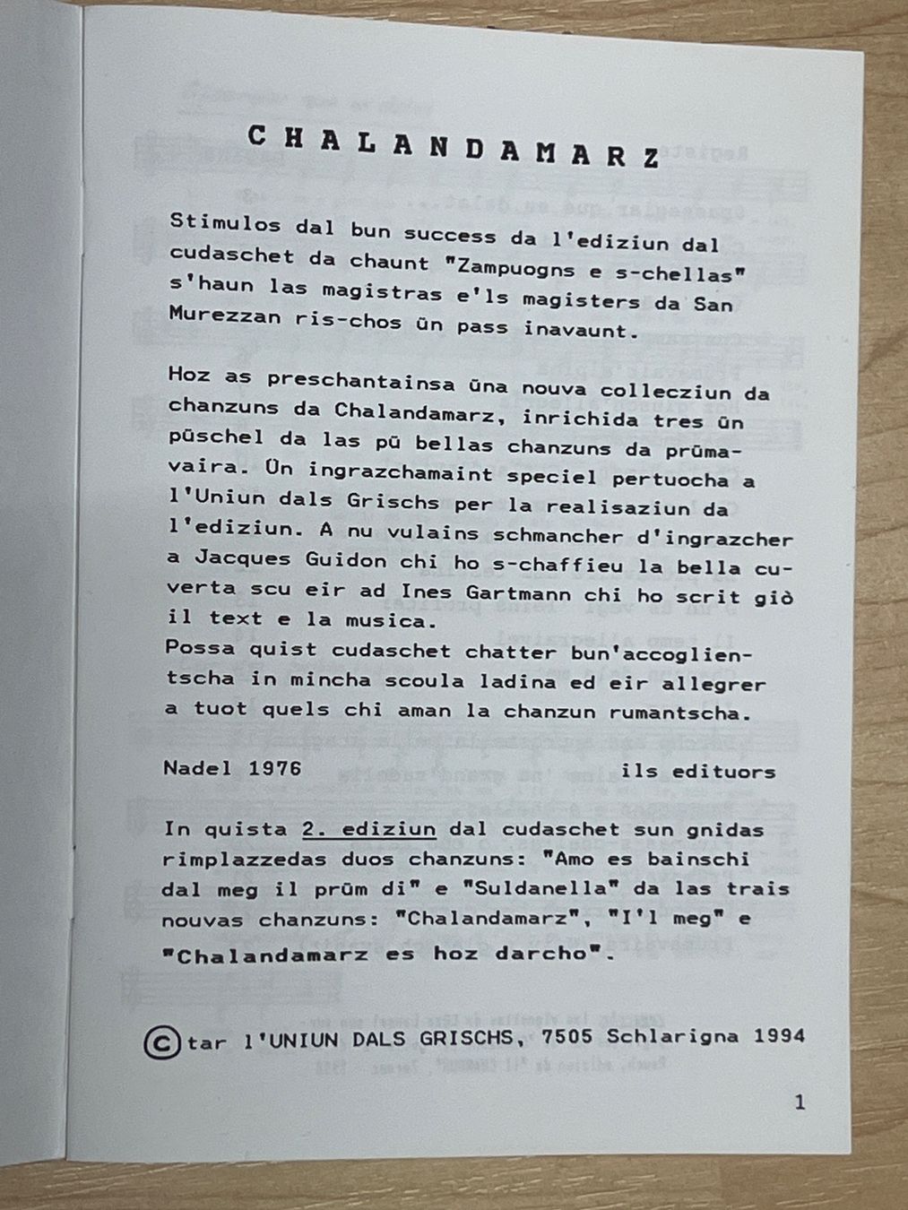 Bücher: Chalandamarz - Liederbüchlein, romanisch – Neu (gemäss Beschreibung) aus Sargans von aebi081 1
