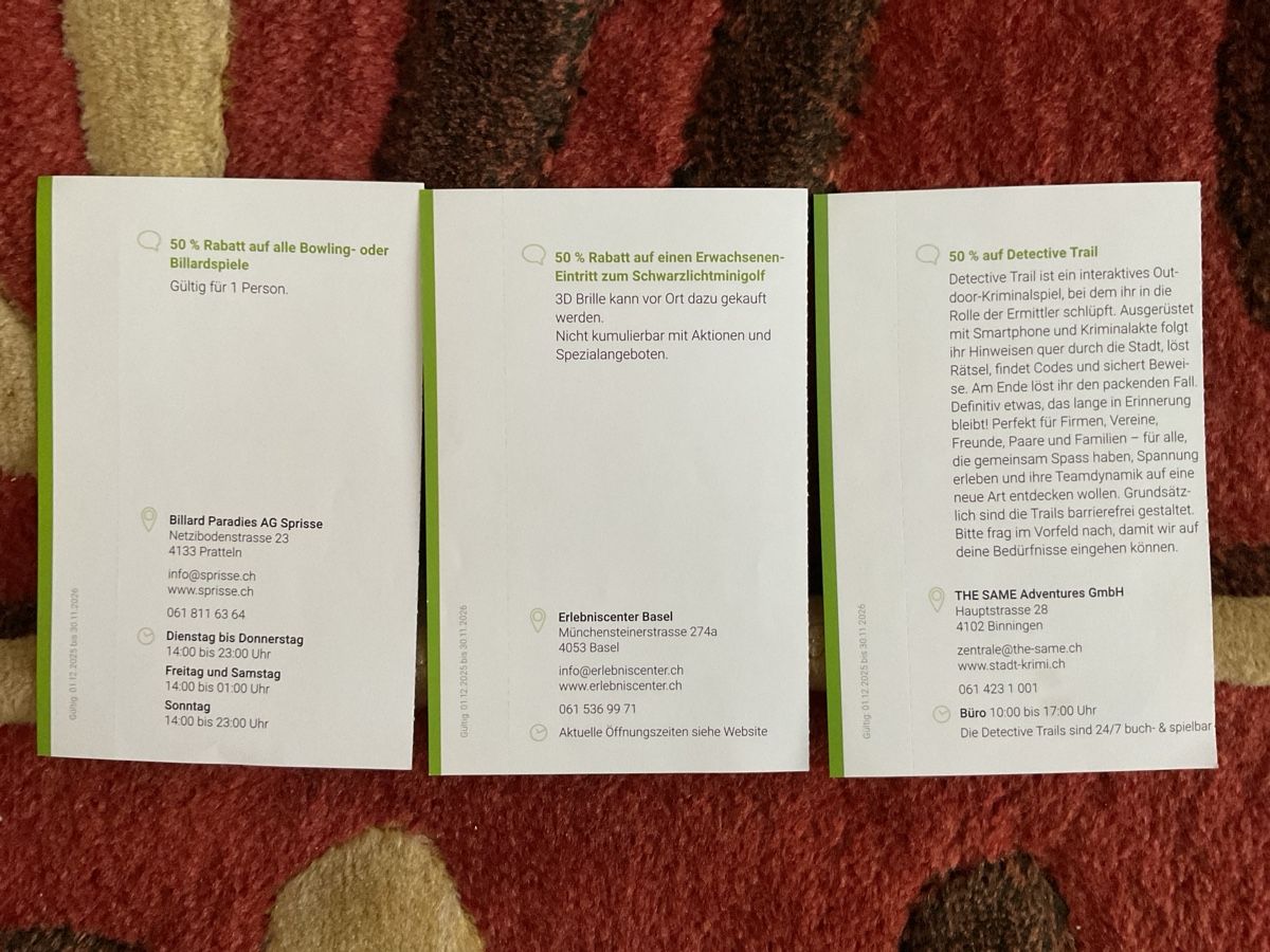Buoni: 8 bons de réductions à Pratteln, Basel et Binningen – Nuovo (secondo la descrizione) da Düdingen venduto da Yellow 4