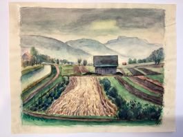 Altes original Aquarell, Landschaftliches Leben signiert EB.